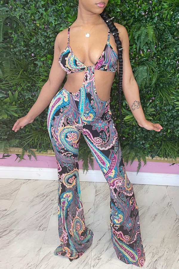 Multicolor Fashion Sexy Print Backless Spaghetti Strap Regular Jumpsuits
