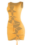 Yellow Sexy Solid Hollowed Out Strap Design U Neck Vest Dress