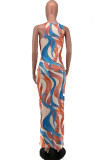 Orange Sexy Print Patchwork Spaghetti Strap A Line Dresses