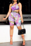 Multicolor Fashion Sexy Print Hollowed Out Backless One Shoulder Skinny Romper