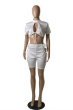 Red Fashion Sexy Solid Bandage Hollowed Out Half A Turtleneck Short Sleeve Two Pieces