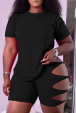 Pink Casual Solid Hollowed Out O Neck Short Sleeve Two Pieces