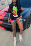 Black Fashion Casual Print Basic O Neck Short Sleeve Two Pieces