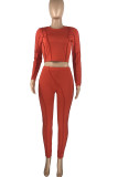 Deep Pink Casual Solid Hollowed Out Patchwork Frenulum O Neck Long Sleeve Two Pieces