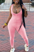 Pink Casual Solid Split Joint U Neck Skinny Jumpsuits