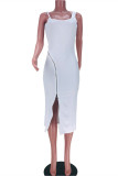White Sexy Casual Solid Backless Zipper Spaghetti Strap Vest Dress