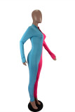 Rose Red Blue Fashion Casual Solid Patchwork Zipper Collar Regular Jumpsuits