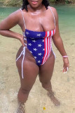 Blue Red Fashion Sexy Print Patchwork Backless Strap Design Independence Day Swimwears