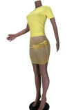 Yellow Fashion Sexy Solid See-through O Neck Short Sleeve Three-piece Set