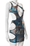 Grey Sexy Print Mesh Halter Sleeveless Two Pieces