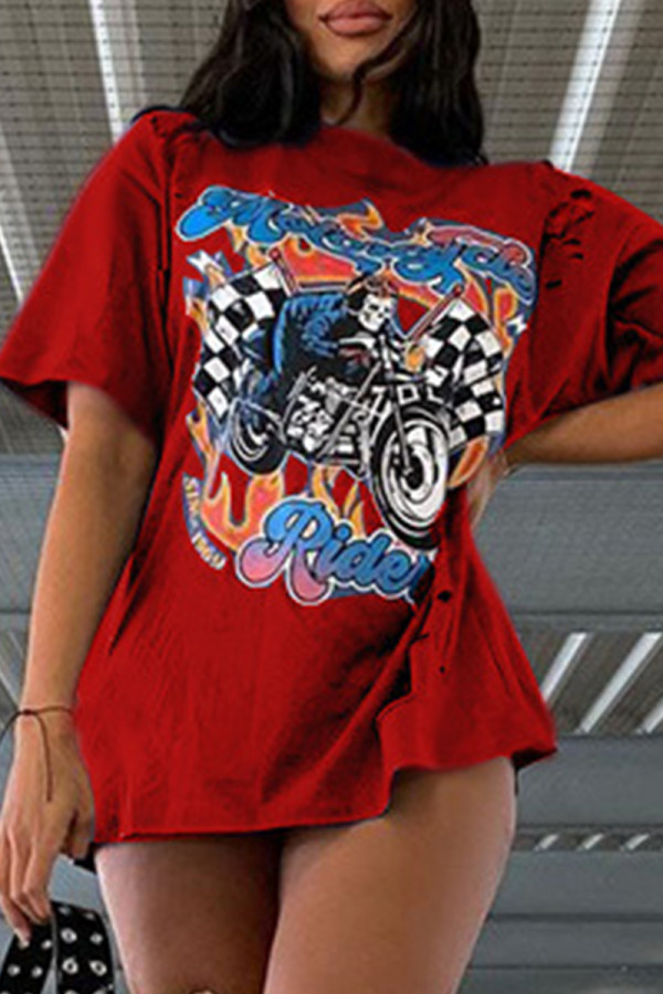 Red Fashion Casual Print Basic O Neck T-Shirts