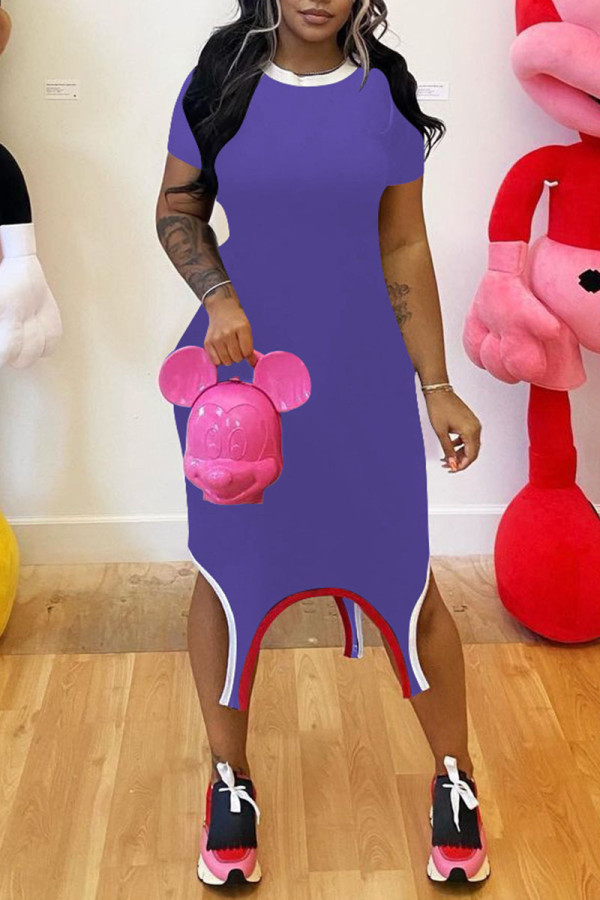 Purple Casual Solid Patchwork O Neck Irregular Dress Dresses