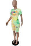 Pink Casual Patchwork Tie-dye O Neck Short Sleeve Two Pieces