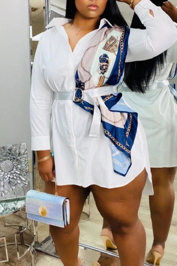 White Casual Solid Patchwork Asymmetrical Turndown Collar Shirt Dress Dresses