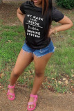 Black Fashion Casual Letter Print Basic O Neck T-Shirts