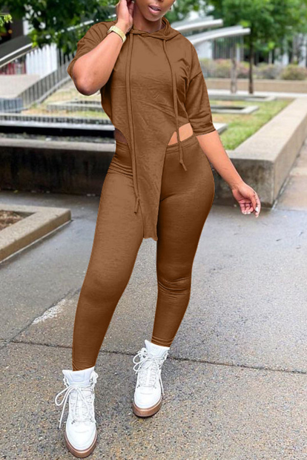 Coffee Fashion Casual Solid Asymmetrical Hooded Collar Half Sleeve Two Pieces