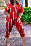 Red Fashion Casual Print Basic V Neck Regular Jumpsuits