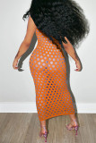Orange Fashion Sexy Solid Hollowed Out See-through O Neck Vest Dress