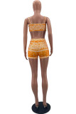 Yellow Sexy Print Patchwork Backless Spaghetti Strap Sleeveless Two Pieces