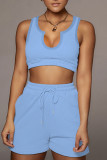Blue Casual Solid Patchwork V Neck Sleeveless Two Pieces