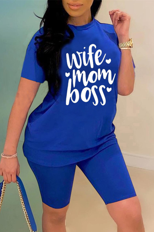 Blue Fashion Casual Letter Print Basic O Neck Short Sleeve Two Pieces