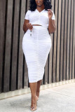 White Fashion Sexy Solid Fold V Neck Short Sleeve Two Pieces