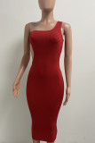 Red Sexy Solid Hollowed Out Patchwork Oblique Collar Pencil Skirt Dresses