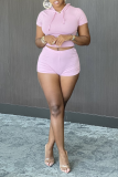Pink Sportswear Solid Patchwork Hooded Collar Short Sleeve Two Pieces