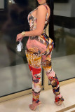 Red Fashion Sexy Print Backless U Neck Skinny Jumpsuits
