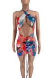 Watermelon Red Fashion Sexy Print Hollowed Out Halter Sleeveless Dress