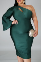 Green Sweet Solid Hollowed Out Split Joint Oblique Collar Pencil Skirt Dresses