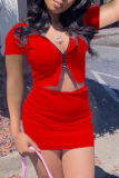 Red Sexy Solid Patchwork Zipper Collar Short Sleeve Two Pieces