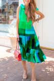 Green Fashion Street Print Patchwork V Neck A Line Dresses