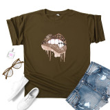 Green Fashion Casual Lips Printed Basic O Neck Tops