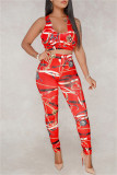 Red Sexy Casual Print Backless U Neck Sleeveless Two Pieces
