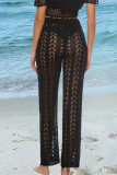 Apricot Sexy Solid Hollowed Out Loose Mid Waist Wide Leg Solid Color Bottoms