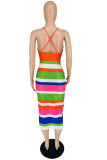 Multicolor Fashion Sexy Striped Backless Spaghetti Strap Long Dress