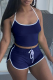 Blue Casual Solid Patchwork Spaghetti Strap Sleeveless Two Pieces