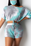 Pink Casual Patchwork Tie-dye One Shoulder Short Sleeve Two Pieces