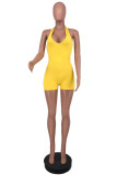 Yellow Sexy Casual Solid Backless Halter Sleeveless Skinny Romper