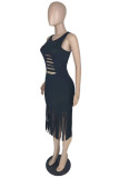 White Fashion Sexy Solid Tassel Hollowed Out O Neck Vest Dress