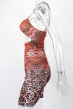 Red Sexy Print Hollowed Out Spaghetti Strap Pencil Skirt Dresses