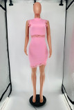 Pink Fashion Casual Solid Patchwork Half A Turtleneck Sleeveless Dress