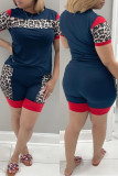Blue Fashion Casual Leopard Patchwork O Neck Short Sleeve Two Pieces