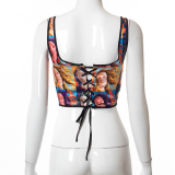 Blue Sexy Print Split Joint Square Collar Mid Waist Tops