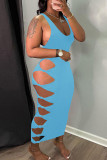 Blue Sexy Solid Hollowed Out Patchwork Knotted U Neck Two Pieces