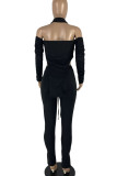 Black Sexy Solid Hollowed Out Patchwork Asymmetrical Halter Long Sleeve Two Pieces