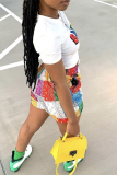 White Casual Print Patchwork O Neck Short Sleeve Two Pieces