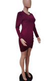 Blue Casual Solid Patchwork Asymmetrical O Neck Pencil Skirt Dresses