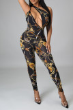 Black Fashion Sexy Print Hollowed Out Backless One Shoulder Skinny Jumpsuits